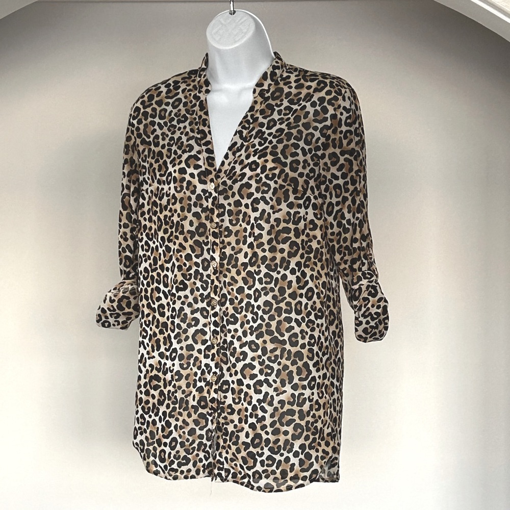 H&M Divided Semi Sheer Button Down Cheetah Print Blouse